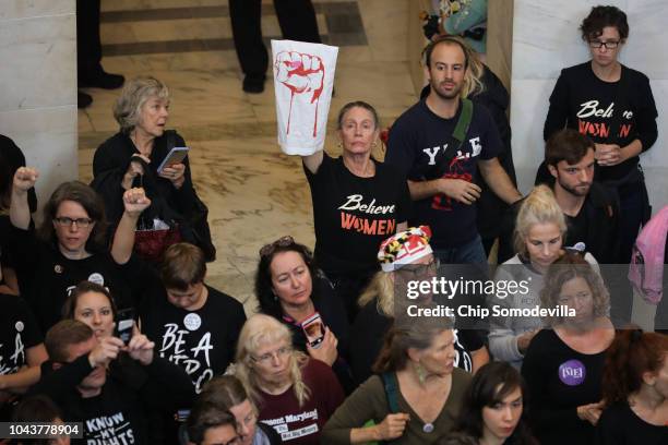 Hundreds of protesters rally in the Russell Senate Office Building Rotunda while demonstrating against the confirmation of Judge Brett Kavanaugh on...