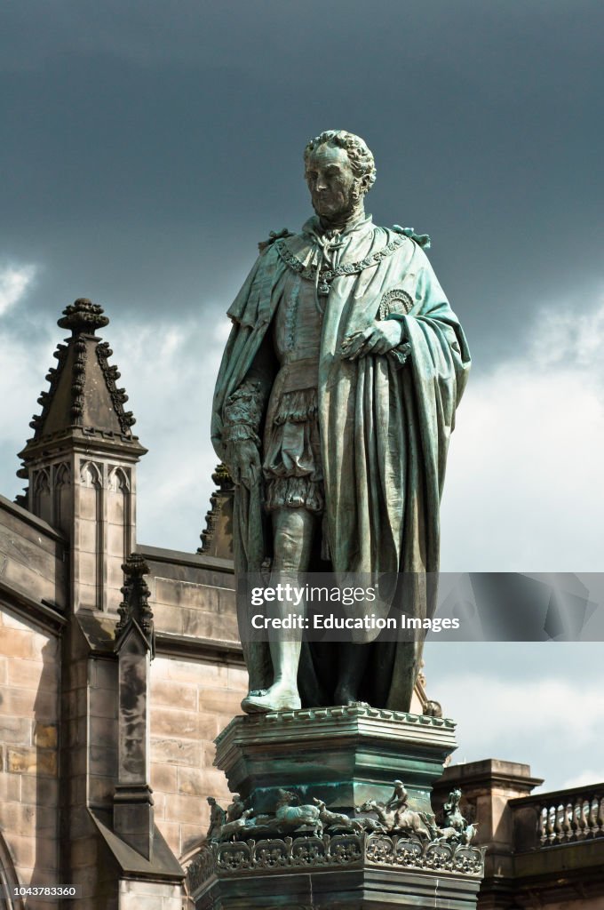 Statue of Scottish economist Adam Smith in front of St Giles Cathedral , Royal Mile, Edinburgh, Scotland