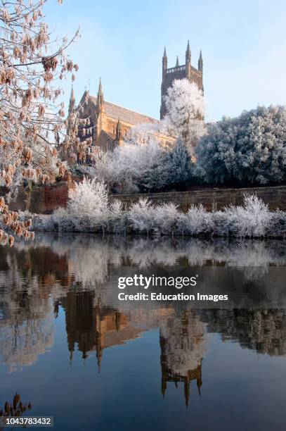 Reflections of Worcester Cathedral on the river Several on a frosty morning England.