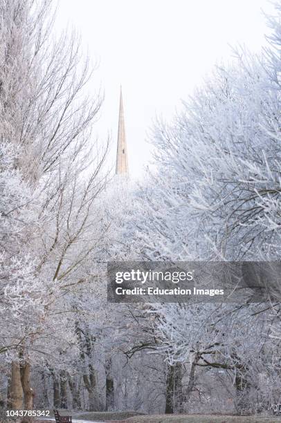 The spire of St Andrews church seen through frost covered trees in Worcester, England.