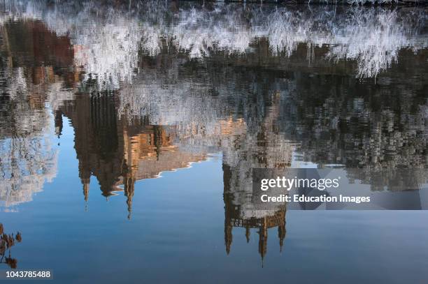 Reflections of Worcester Cathedral on the river Several on a frosty morning England.