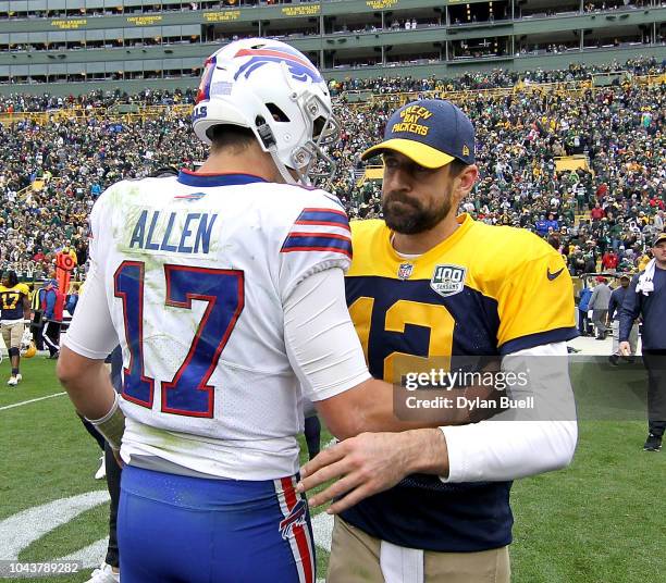 Aaron Rodgers of the Green Bay Packers shakes hands with Josh Allen of the Buffalo Bills after a game at Lambeau Field on September 30, 2018 in Green...
