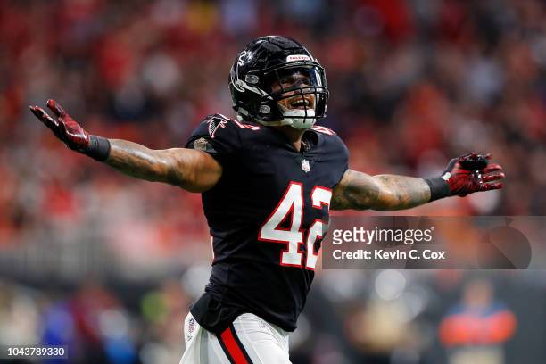 Duke Riley of the Atlanta Falcons reacts to a play during the fourth quarter against the Cincinnati Bengals at Mercedes-Benz Stadium on September 30,...