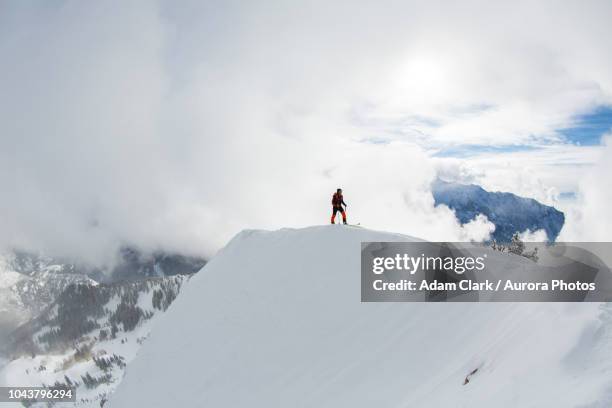 skier standing on top of mountain peak in wasatch mountains in winter - utah skiing stock pictures, royalty-free photos & images