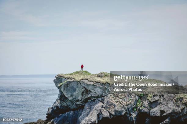 man standing on cliff and looking at ocean - seeprovinzen stock-fotos und bilder