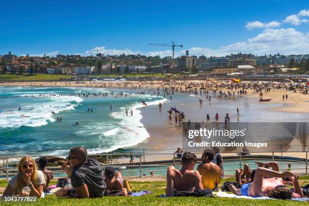 Crowded Bondi beach on a summers day Sydney, NSW Australia.