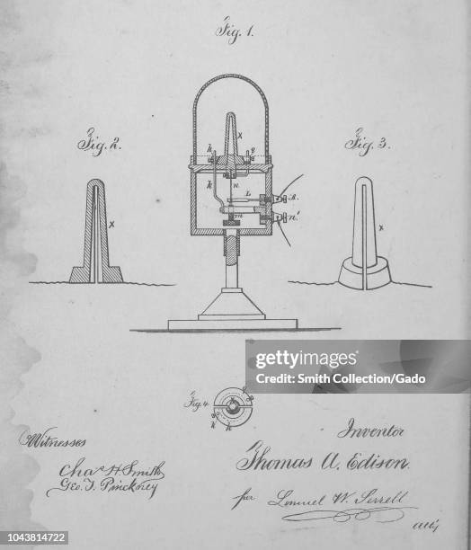 Engraved patent 'Improvement in Electric Lights' by Thomas A Edison, from the book 'Collection of United States patents granted to Thomas A. Edison',...