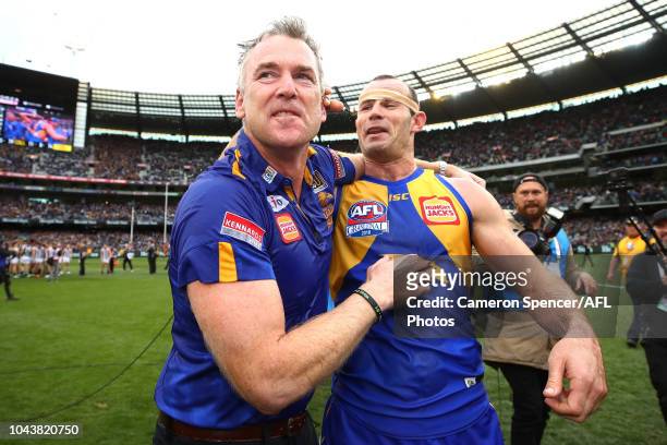 Adam Simpson, Senior Coach of the Eagles celebrates winning the Premiership with Eagles captain Shannon Hurn during the 2018 Toyota AFL Grand Final...