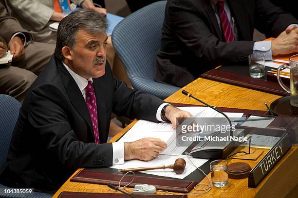 Turkish President Abdullah Gul speaks at a Security Council meeting on the maintenance of international peace and security at the United Nations on...