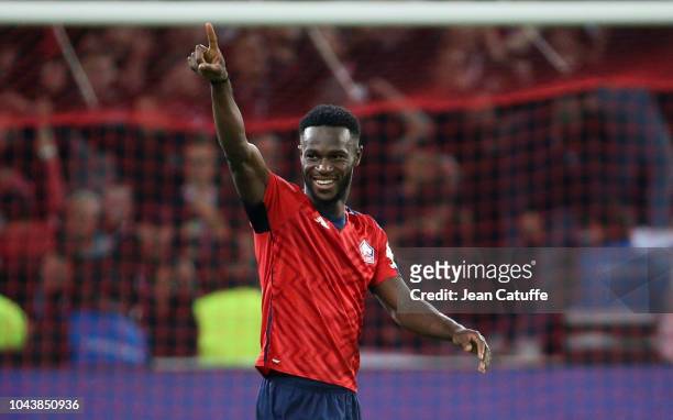 Jonathan Bamba of Lille celebrates his second goal during the french Ligue 1 match between Lille OSC and Olympique de Marseille at Stade Pierre...