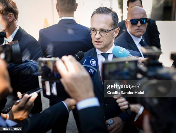 German Minister of Foreign Affairs Heiko Maas speaks to the press in front of the documentation center for the victims of the Nazi-Fascist massacres...