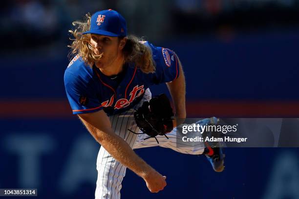 Noah Syndergaard of the New York Mets pitches during the third inning against the Miami Marlins at Citi Field on September 30, 2018 in the Flushing...