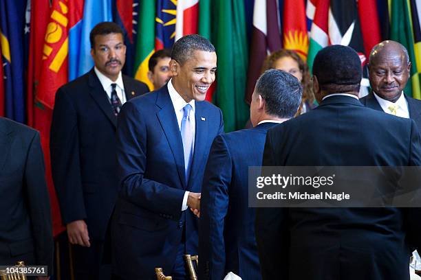 President Barack Obama greets other heads of state and government at the State Luncheon during the 65th General Assembly session of the United...