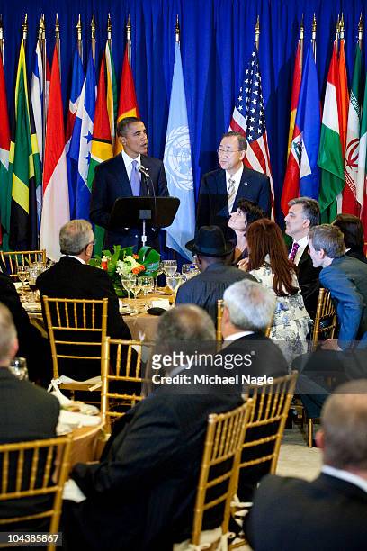 President Barack Obama and Secretary General Ban Ki-Moon address other heads of state and government at the State Luncheon during the 65th General...