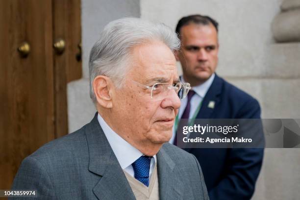 Former President of Brazil Fernando Henrique Cardoso looks on after a meeting with President of Chile Sebastián Piñera at Palacio de La Moneda on...