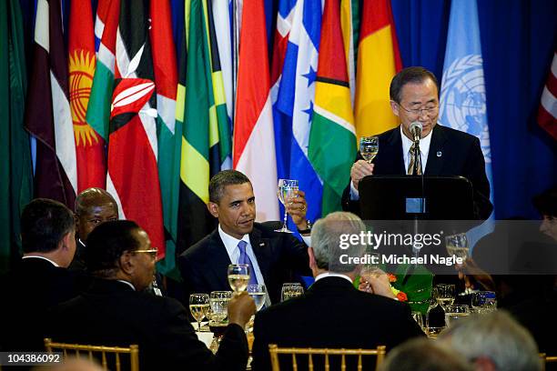 President Barack Obama and Secretary General Ban Ki-Moon toast with other heads of state and government at the State Luncheon during the 65th General...