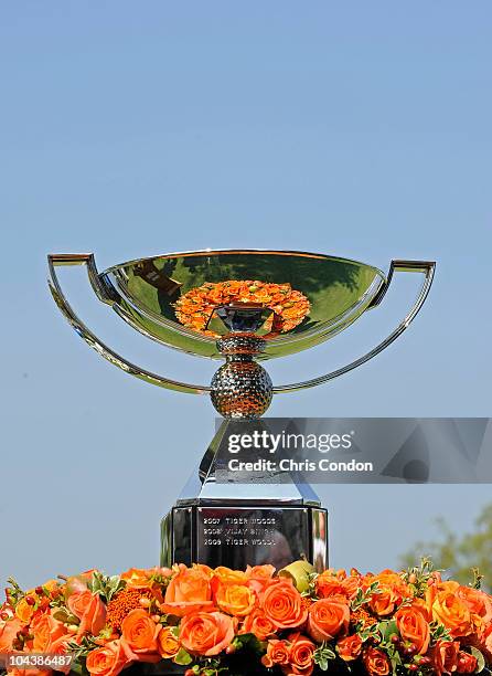 The FedEx Cup trophy is displayed on the first tee during the first round of THE TOUR Championship presented by Coca-Cola, the final event of the PGA...