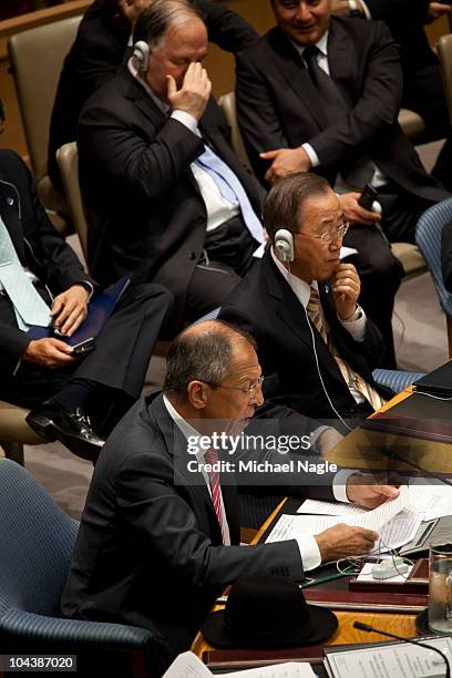 Russian Foreign Minister Sergei Lavrov speaks at a Security Council meeting on the maintenance of international peace and security at the United...