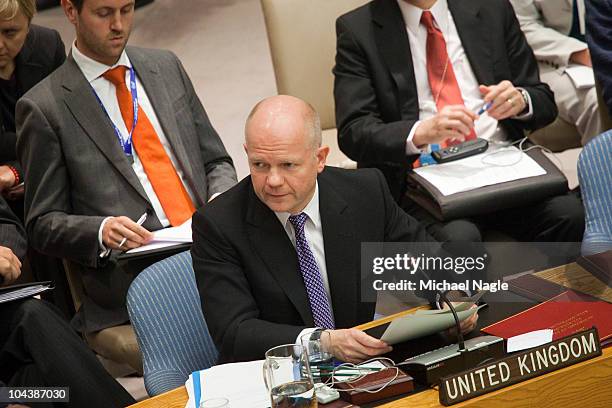 William Hague, Foreign Minister of Britain, speaks at a Security Council meeting on the maintenance of international peace and security at the United...