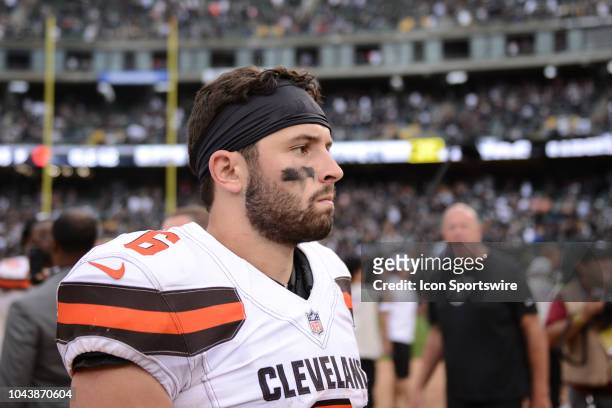 Cleveland Browns Quarterback Baker Mayfield after an overtime loss during the NFL football game between the Cleveland Browns and the Oakland Raiders...