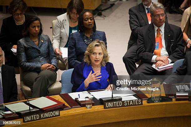 Secretary of State Hillary Clinton speaks at a Security Council meeting on the maintenance of international peace and security at the United Nations...