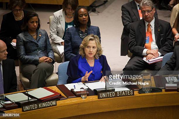 Secretary of State Hillary Clinton speaks at a Security Council meeting on the maintenance of international peace and security at the United Nations...