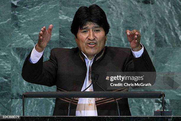 Evo Morales, President of Bolivia addresses the 65th session of the General Assembly at the United Nations on September 23, 2010 in New York City....