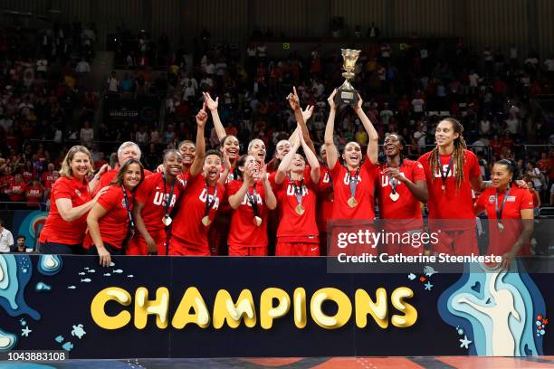 The USA National Team reacts after defeating the Australia team during the Gold Medal Game of the FIBA Women's Basketball World Cup at Pabellon de...