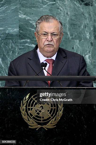 Jalal Talabani, President of the Republic of Iraq addresses the 65th session of the General Assembly at the United Nations on September 23, 2010 in...