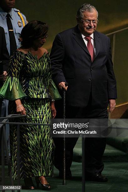 Jalal Talabani, President of the Republic of Iraq walks out to give his address to the 65th session of the General Assembly at the United Nations on...