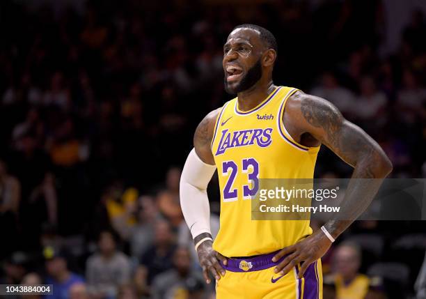 LeBron James of the Los Angeles reacts during a preseason game against the Denver Nuggets at Valley View Casino Center on September 30, 2018 in San...