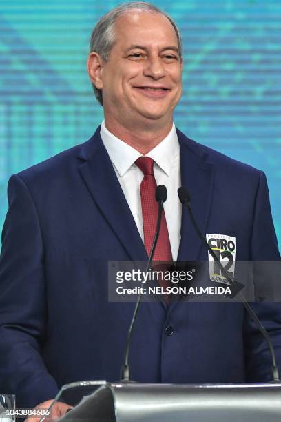 Brazilian presidential candidate Ciro Gomes gestures in the presidential debate ahead of the October 7 general election at Record television network...