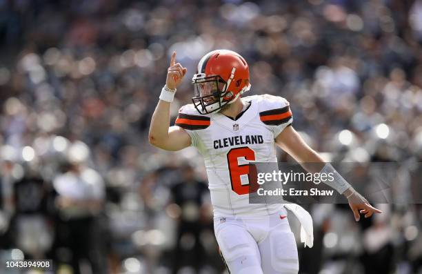 Baker Mayfield of the Cleveland Browns in action during their game against the Oakland Raiders at Oakland-Alameda County Coliseum on September 30,...