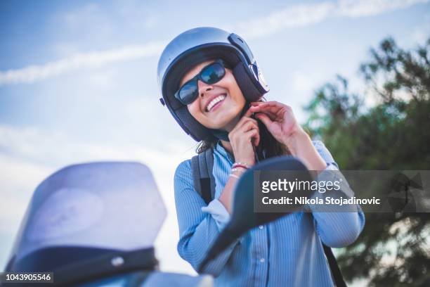 beauty on scooter - sports helmet stock pictures, royalty-free photos & images