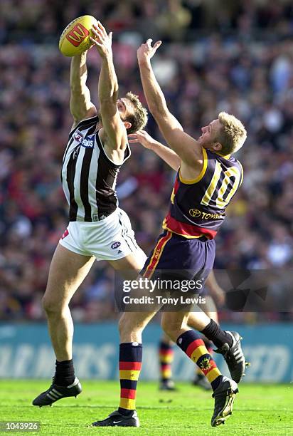 Anthony Rocca for the Collingwood Magpies marks in front of Matthew Robran for the Adelaide Crows, during the round 17 AFL match between the Adelaide...