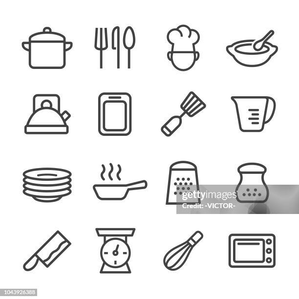 ilustrações, clipart, desenhos animados e ícones de ícones de cozedura - linha série - utensílio de cozinha