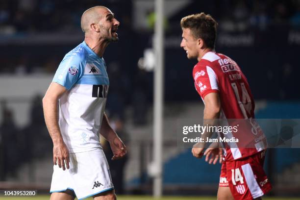 Lisandro Lopez of Racing Club reacts during a match between Racing Club and Union as part of Superliga 2018/19 at Presidente Peron Stadium on...