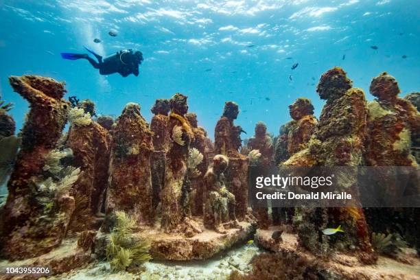 General view of life-sized underwater statues at MUSA off the coast of Isla Mujeres, Mexico on September 26, 2018. Consisting of over 500 permanent...