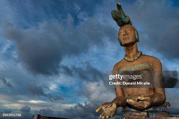 General view of a statue of Ichitel, the Mayan Moon goddess, in Garrafon Reef Park in Punta Sur on September 27, 2018 in Isla Mujeres, Mexico. Known...