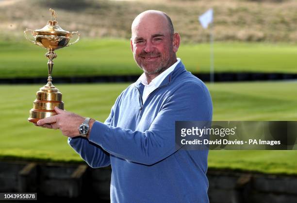 European Ryder Cup captain Thomas Bjorn with the Ryder Cup Trophy during photo-call at Le Golf National, Saint-Quentin-en-Yvelines, Paris.
