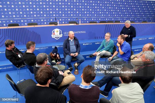 Captain Thomas Bjorn of Europe speaks to the media during a press conference following Europe's win in the 2018 Ryder Cup at Le Golf National on...