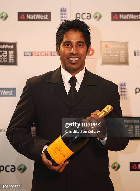 Chaminda Vaas of Northamptonshire poses with the FPT20 Player of the Year award during PCA Awards dinner at the Hurlingham Club on September 23, 2010...