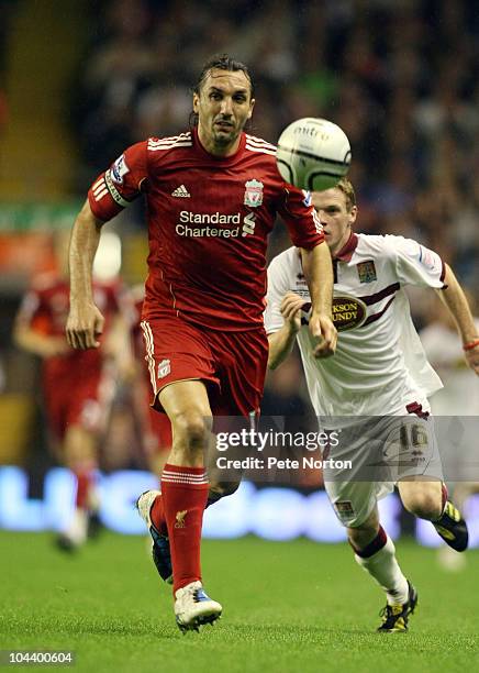 Sotiros Kyrgiakos of Liverpool in action during the Carling Cup Third Round match between Liverpool and Northampton Town at Anfield on September 22,...