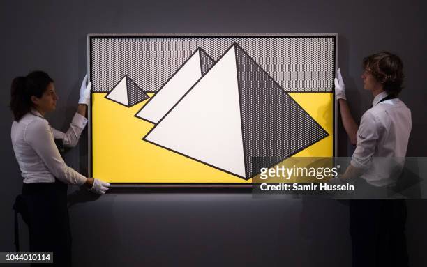 Pyramids by Roy Lichtenstein is displayed at the press preview for Sotheby's Freize week exhibition of Contemporary art at Sotheby's on October 1,...