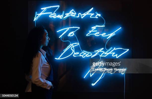 Fantastic To Feel Beautiful Again by Tracey Emin is displayed at the press preview for Sotheby's Freize week exhibition of Contemporary art at...