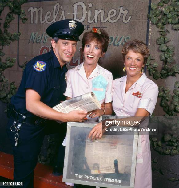 Alice, a CBS television situation comedy, about characters who work and dine at Mel's Diner. January 1, 1983. Pictured is Charles Levin , Beth...