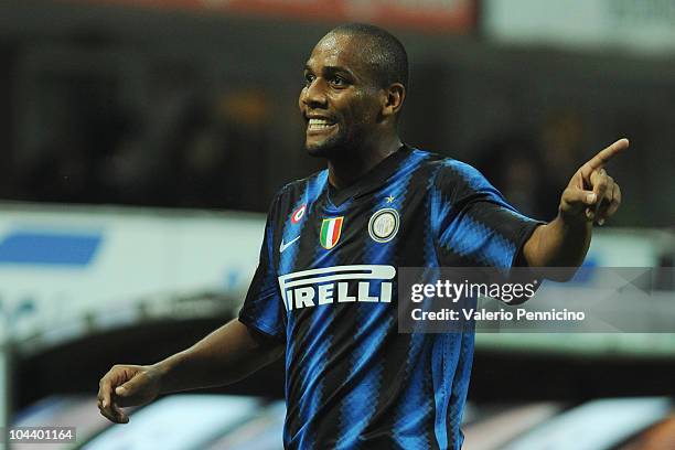 Douglas Maicon of FC Internazionale Milano reacts during the Serie A match between FC Internazionale Milano and AS Bari at Stadio Giuseppe Meazza on...