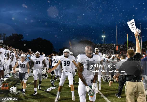 Wide receiver Scott McCluney of the Old Dominion Monarchs celebrates during the closing moments of the game against the Virginia Tech Hokies at S. B....