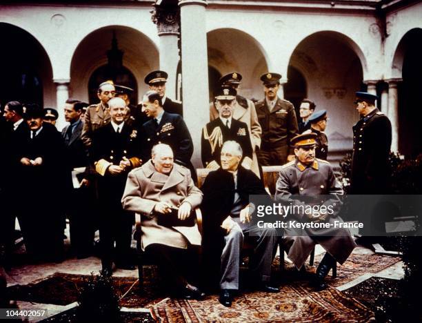 February 11, 1945. British Prime Minister Winston CHURCHILL, United States President Franklin Delano ROOSEVELT and Joseph STALIN pose together at the...