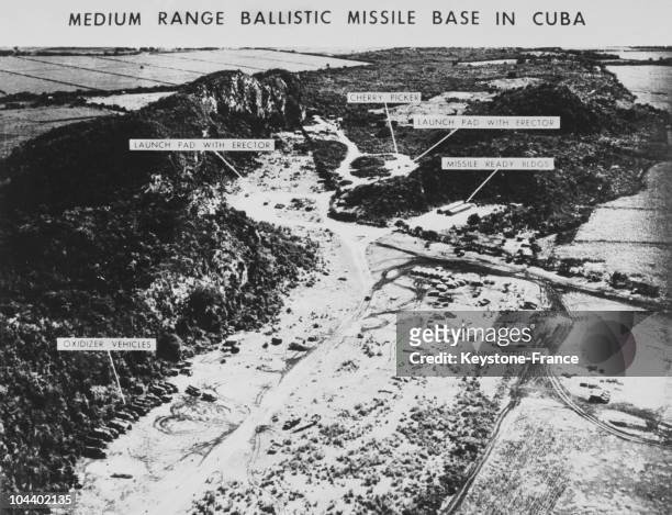 Aerial view of the Soviet missile bases on the island of Cuba. The United States, after having declared a blockade of the island, had to justify its...